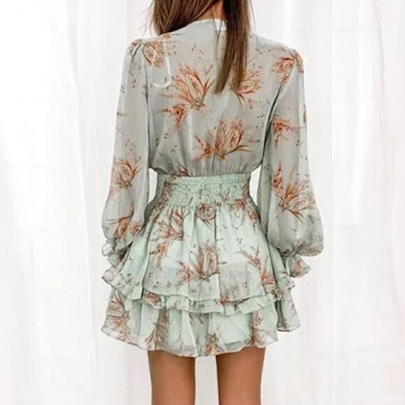 BOHO MINT GREEN FLORAL PLUNGE V-NECK TWIST TIE TIERED RUFFLE DRESS SIZE XL NWOT - Picture 3 of 12